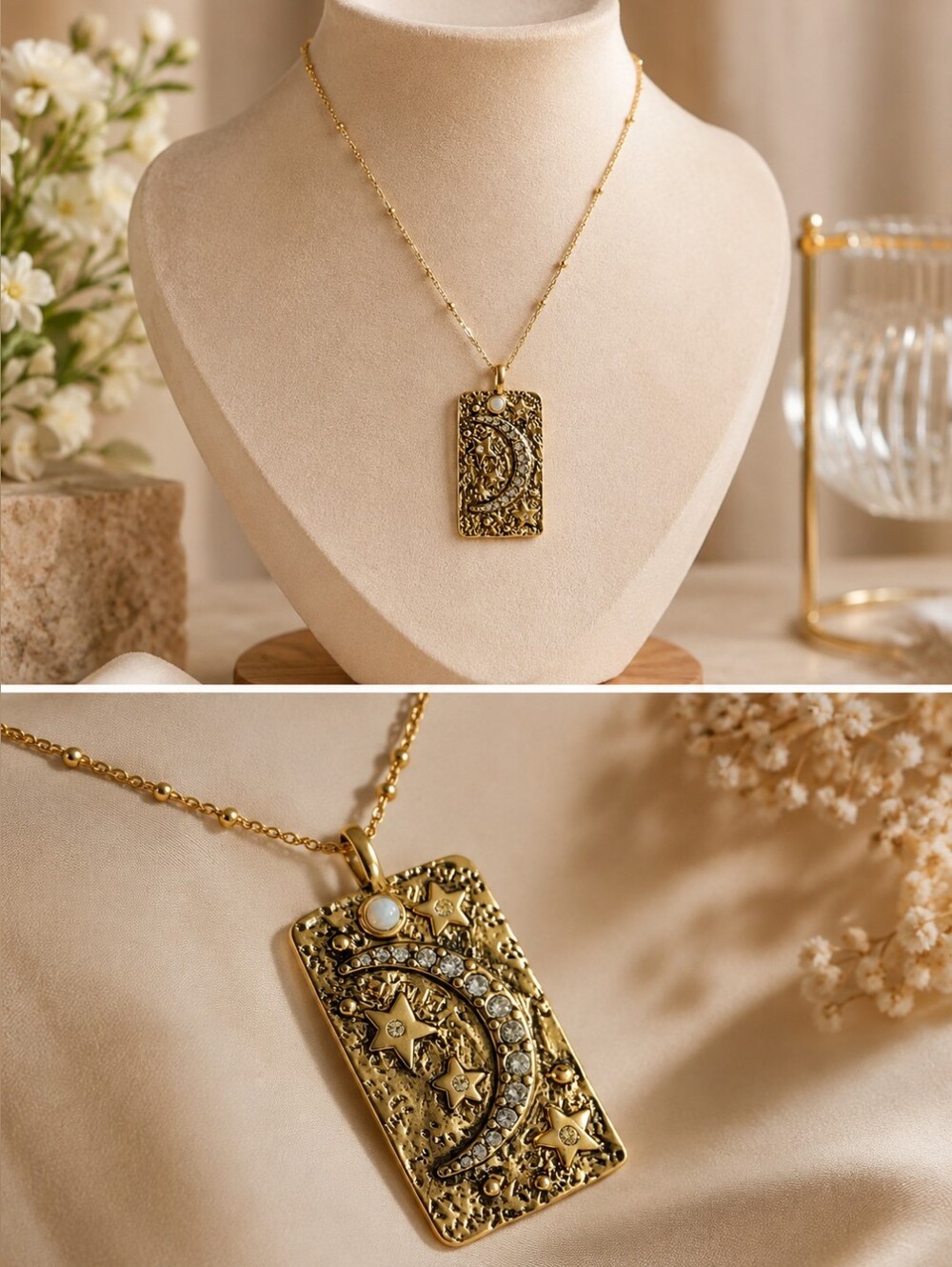 Sequin Gold Moon & Star Rectangular Pendant Necklace - Women Jewelry New